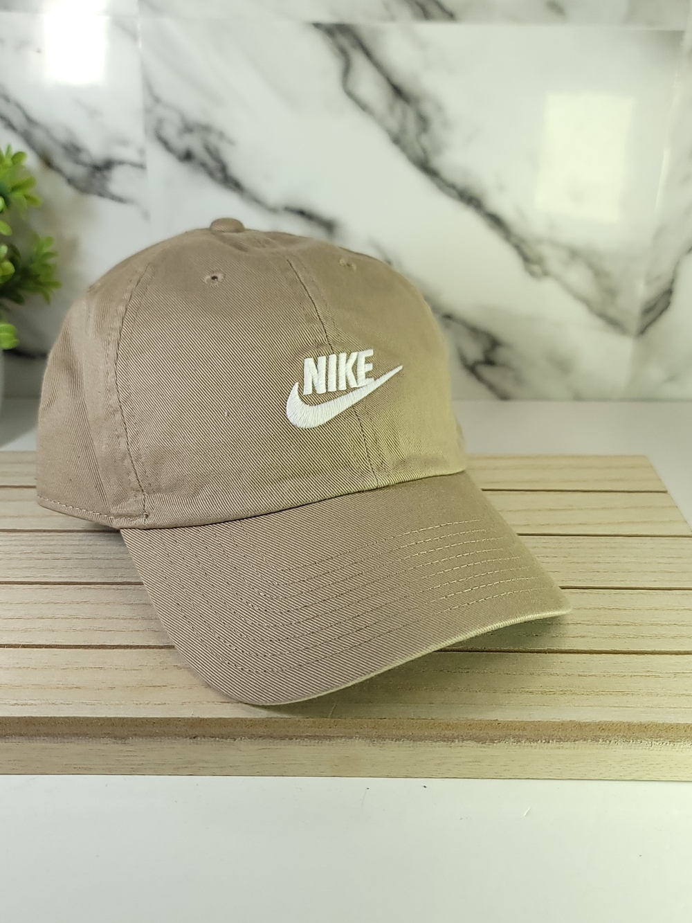 Nike Tan Baseball Cap with White Logo. Adjustable Cotton Hat